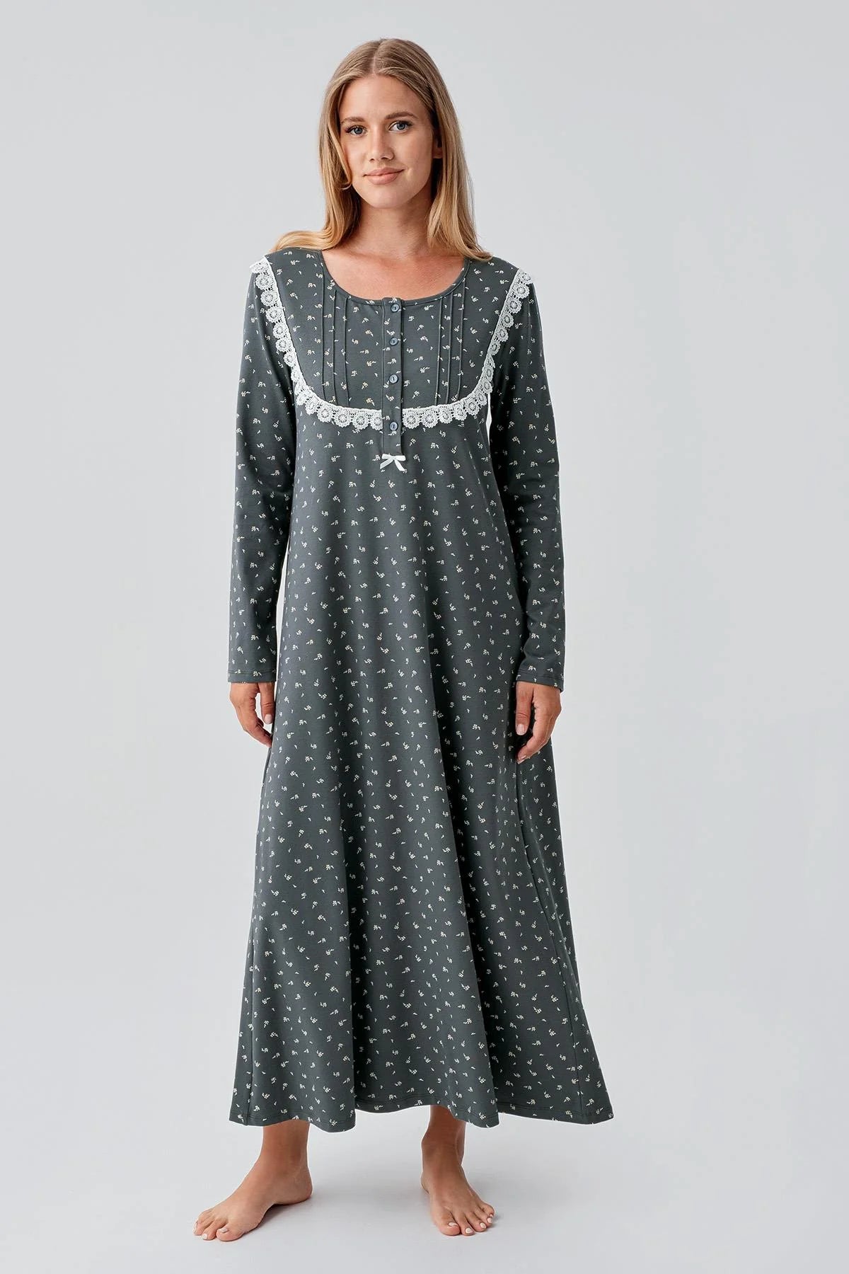 Patterned Lacy Cotton Plus Size Maternity Feeding-Friendly Nightgown Green - S18101