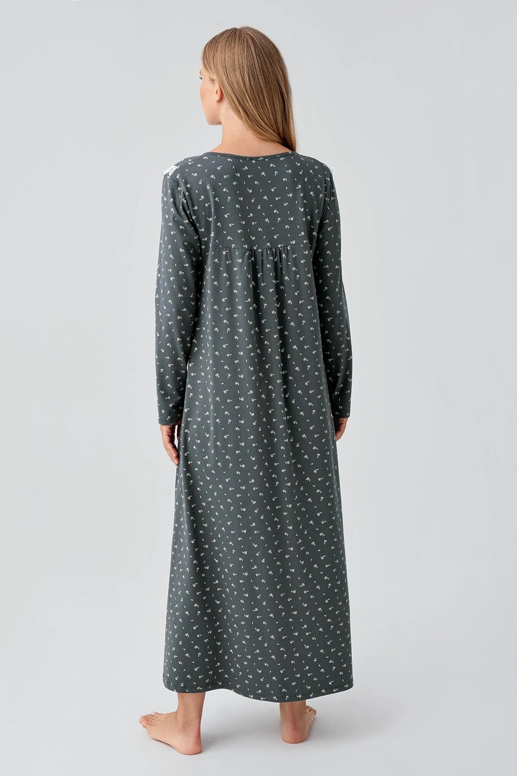Patterned Lacy Cotton Plus Size Maternity Feeding-Friendly Nightgown Green - S18101