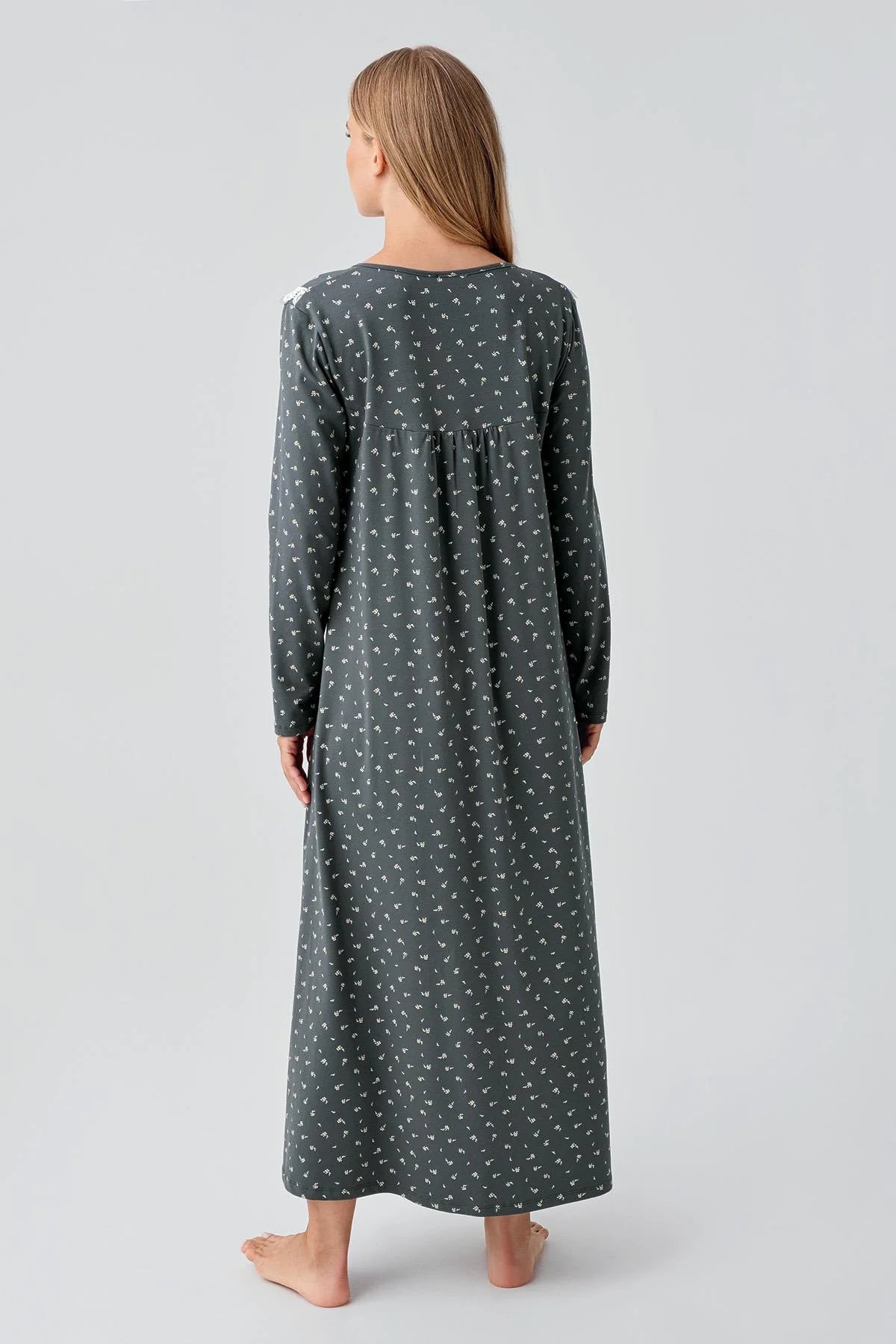 Patterned Lacy Cotton Plus Size Maternity Feeding-Friendly Nightgown Green - S18101