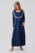 Patterned Lacy Cotton Plus Size Maternity Feeding-Friendly Nightgown Navy Blue - S18101