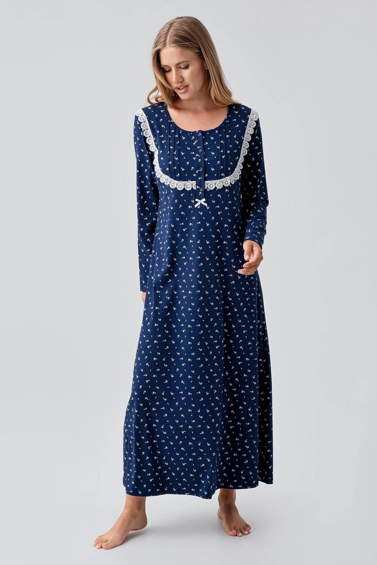 Patterned Lacy Cotton Plus Size Maternity Feeding-Friendly Nightgown Navy Blue - S18101