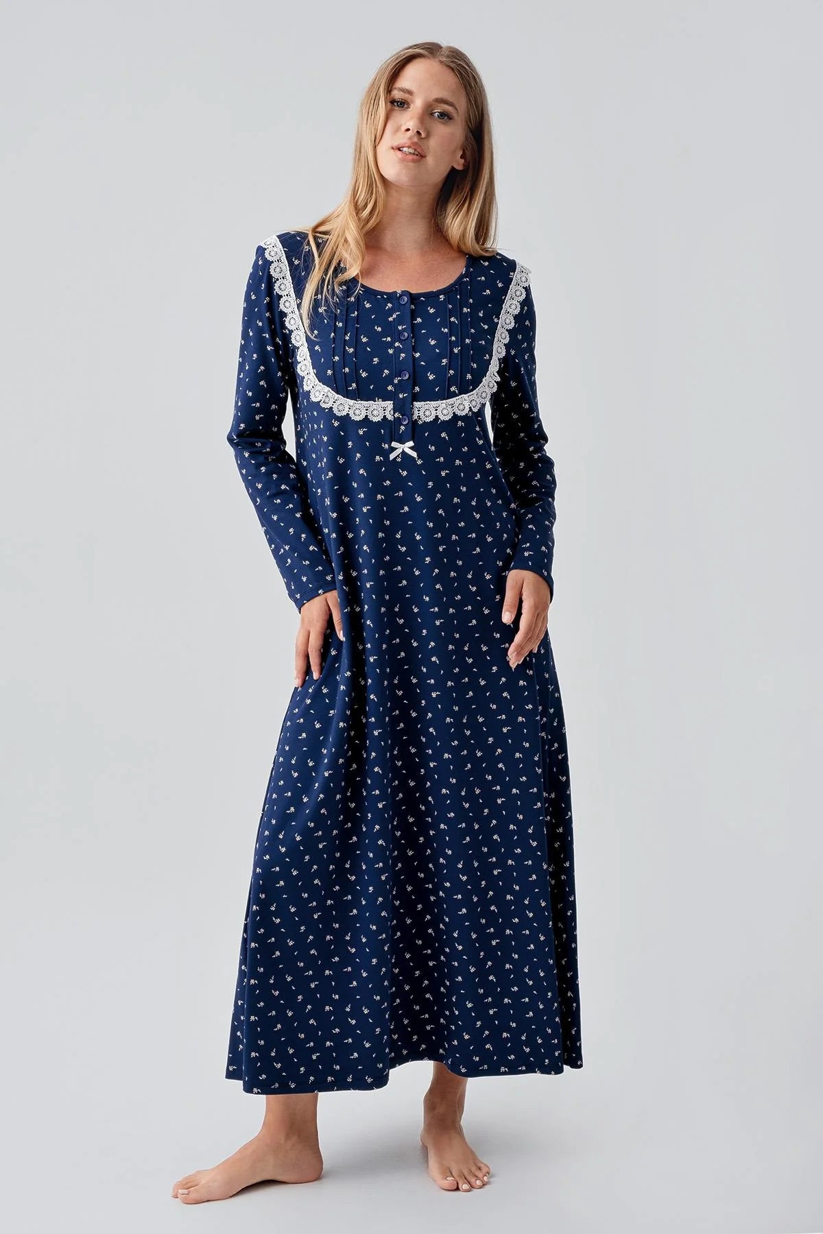 Patterned Lacy Cotton Plus Size Maternity Feeding-Friendly Nightgown Navy Blue - S18101