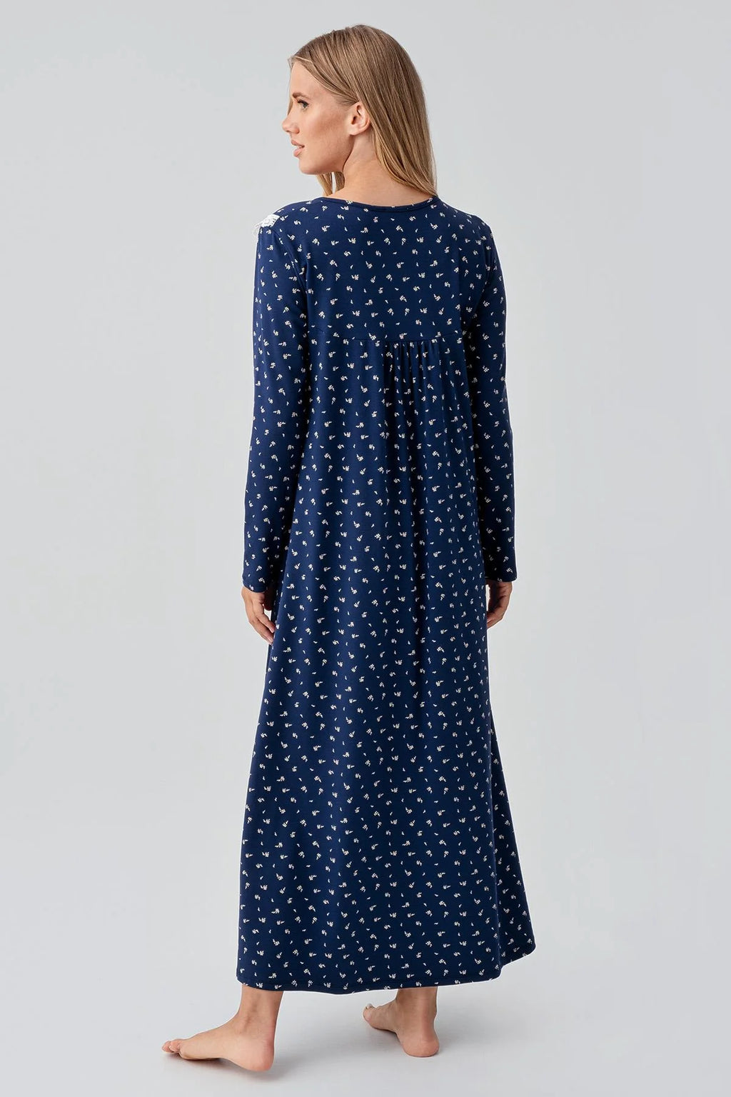Patterned Lacy Cotton Plus Size Maternity Feeding-Friendly Nightgown Navy Blue - S18101