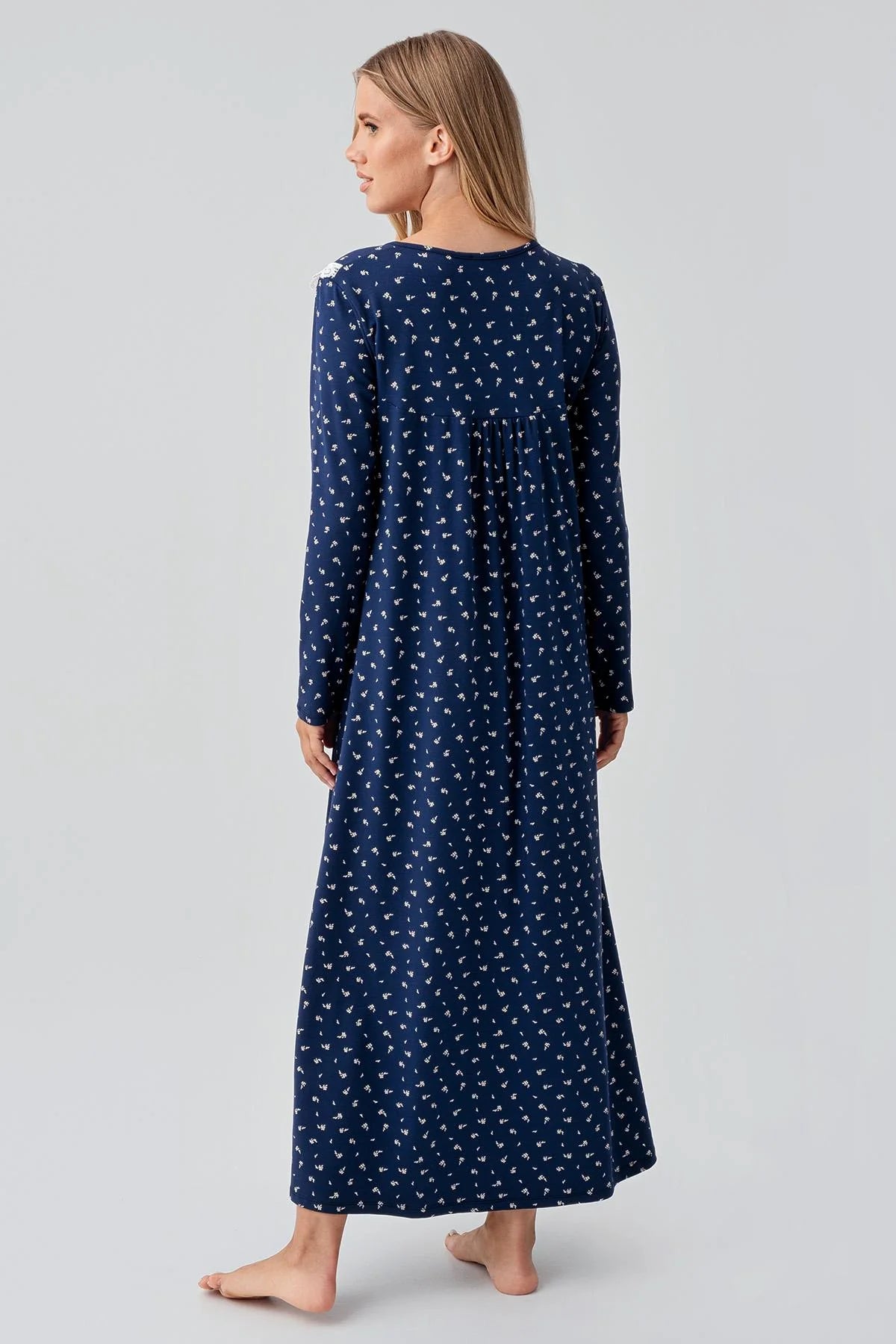 Patterned Lacy Cotton Plus Size Maternity Feeding-Friendly Nightgown Navy Blue - S18101