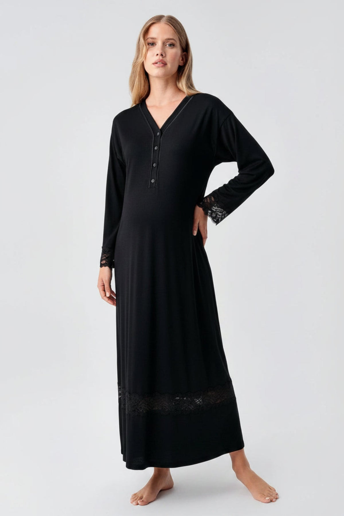 Lace Sleeve and Skirt Maternity Feeding-Friendly Nightgown Black - S18106