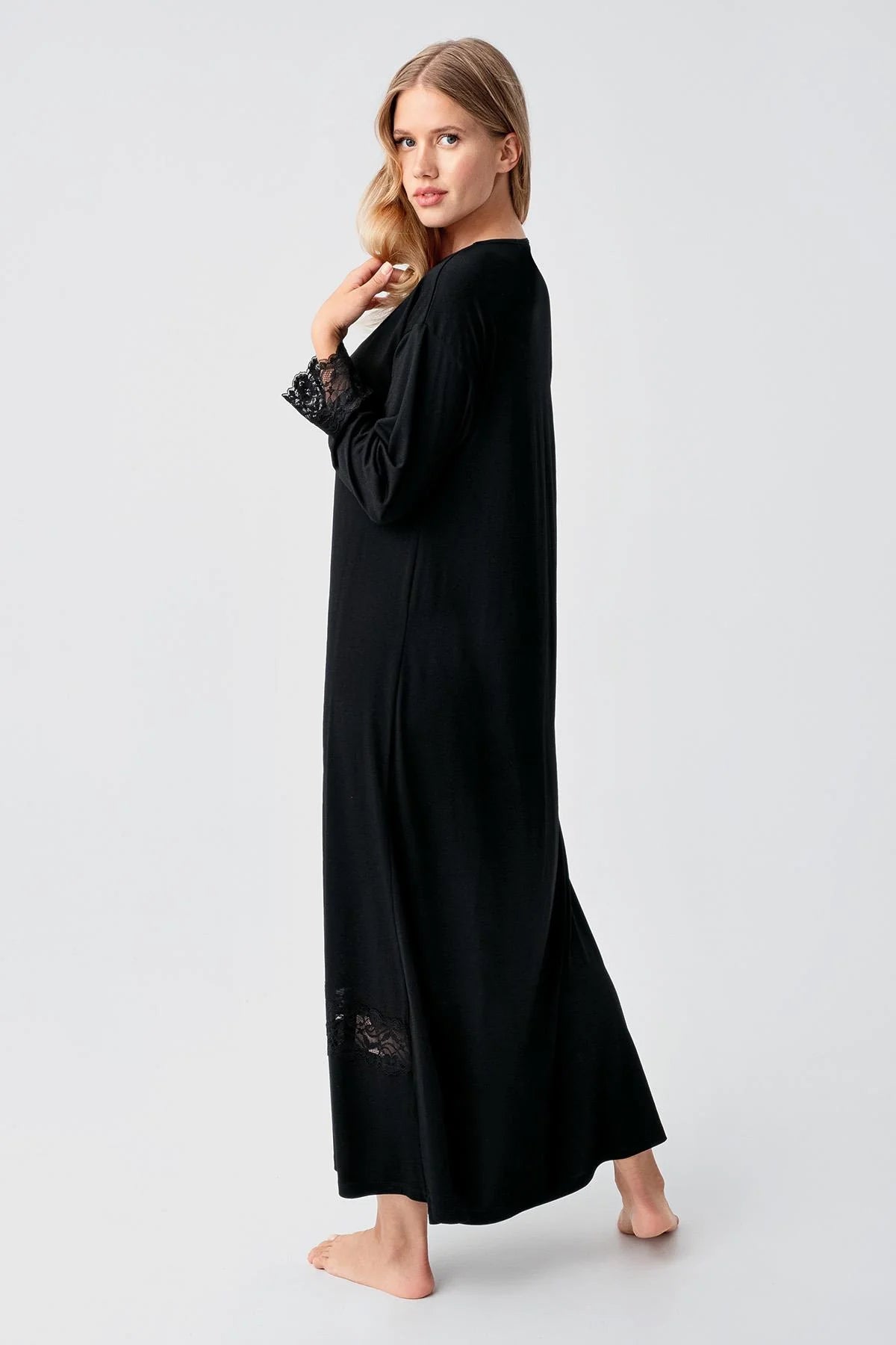 Lace Sleeve and Skirt Maternity Feeding-Friendly Nightgown Black - S18106