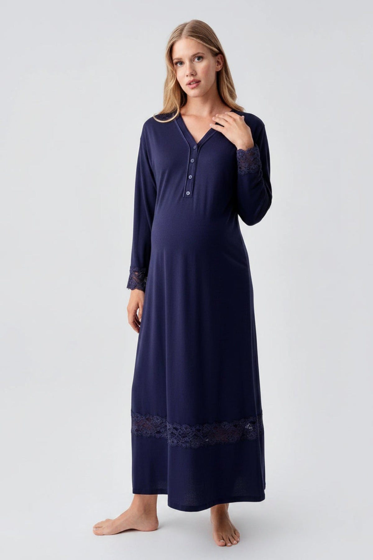 Lace Sleeve and Skirt Maternity Feeding-Friendly Nightgown Navy Blue - S18106