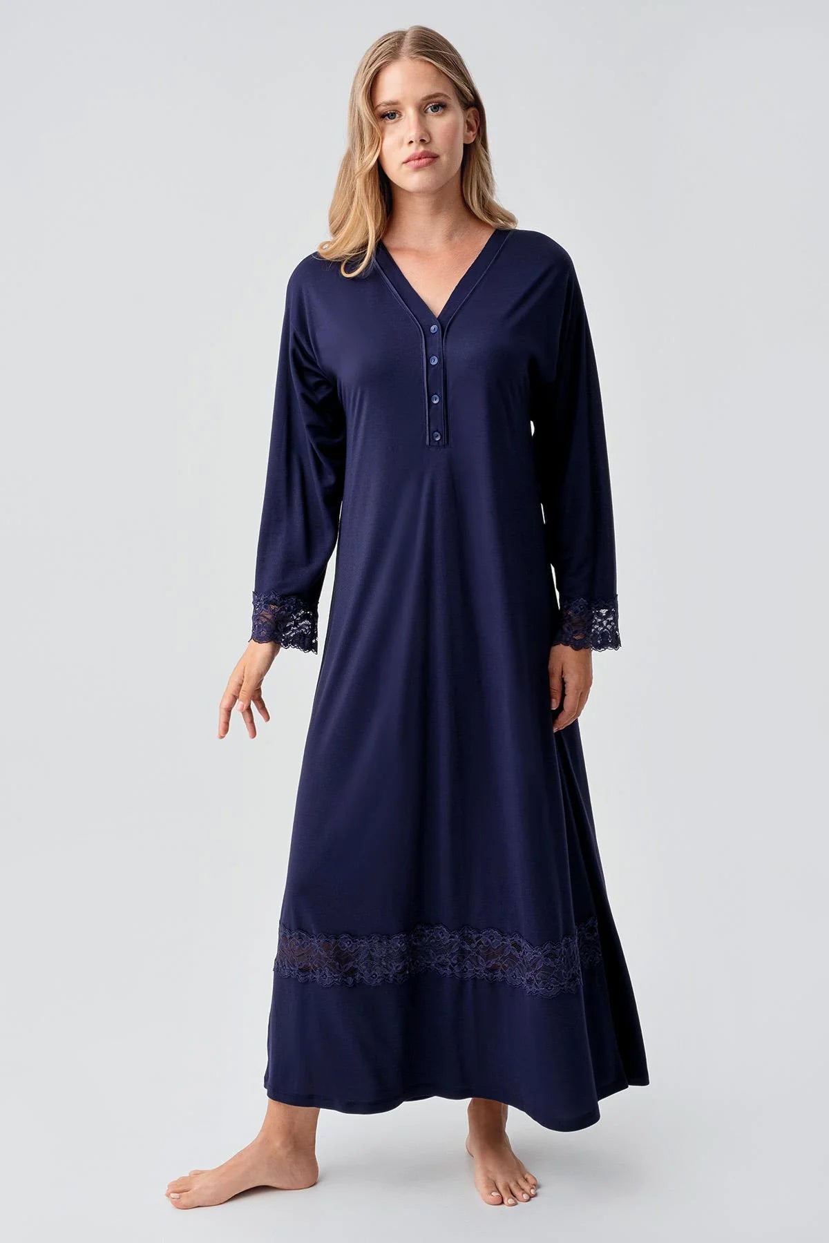 Lace Sleeve and Skirt Maternity Feeding-Friendly Nightgown Navy Blue - S18106