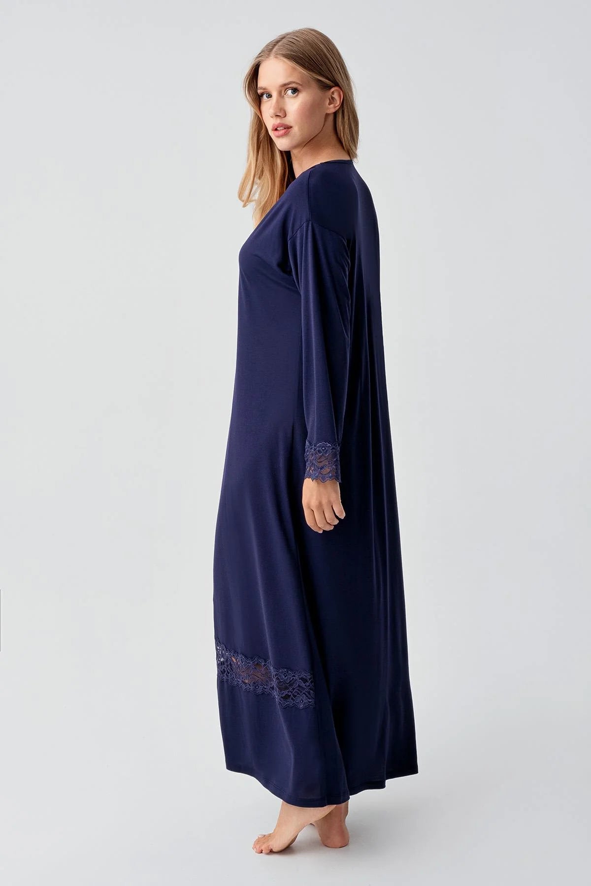 Lace Sleeve and Skirt Maternity Feeding-Friendly Nightgown Navy Blue - S18106
