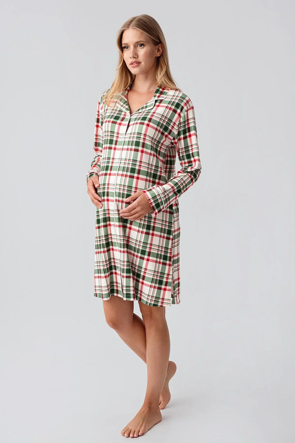 Plaid Patterned Thermal Maternity Feeding-Friendly Nightgown Patterned - S18109