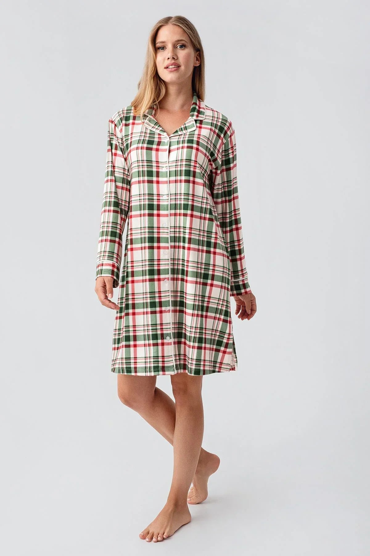 Plaid Patterned Thermal Maternity Feeding-Friendly Nightgown Patterned - S18109
