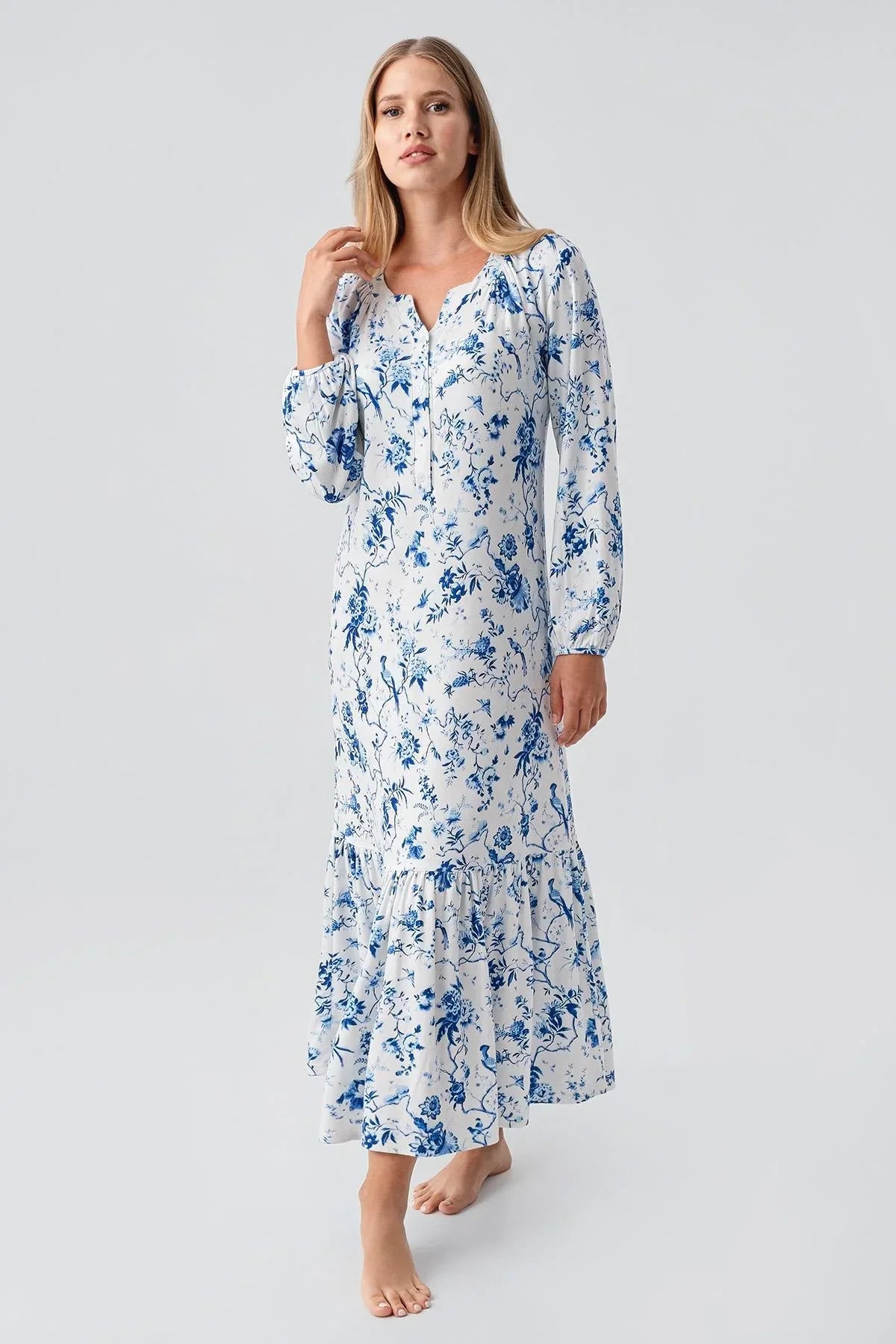 Patterned Thermal Maternity Feeding-Friendly Nightgown Blue - S18110