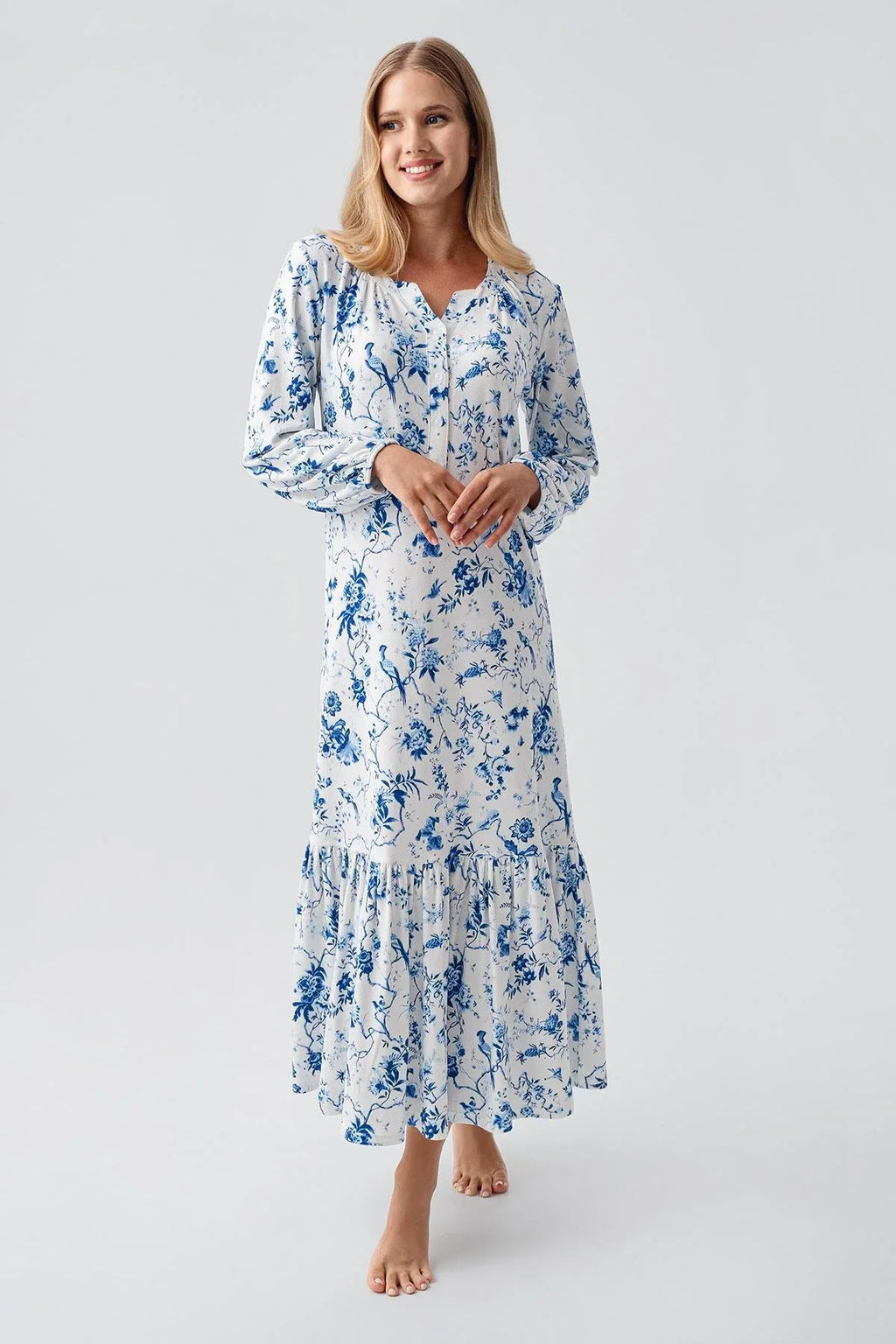 Patterned Thermal Maternity Feeding-Friendly Nightgown Blue - S18110