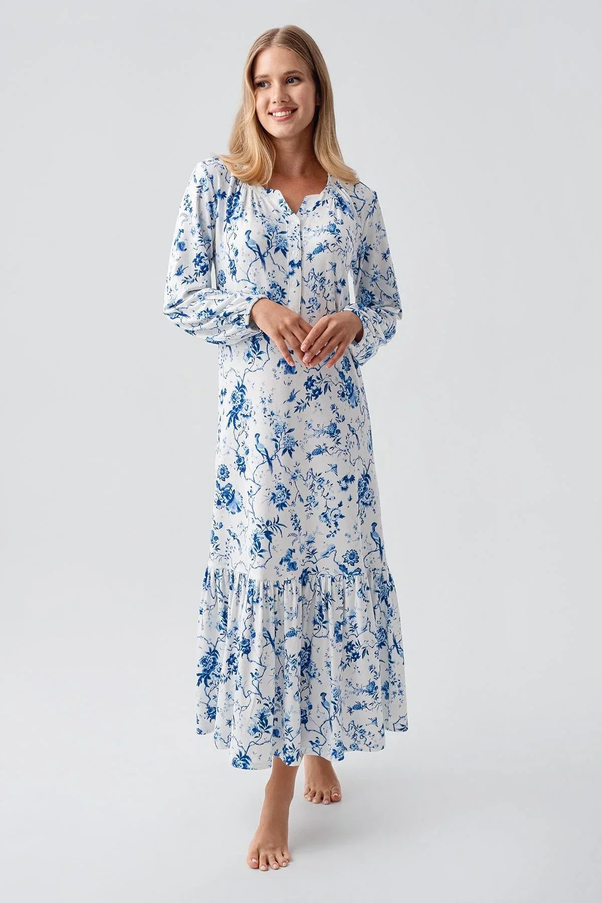 Patterned Thermal Maternity Feeding-Friendly Nightgown Blue - S18110