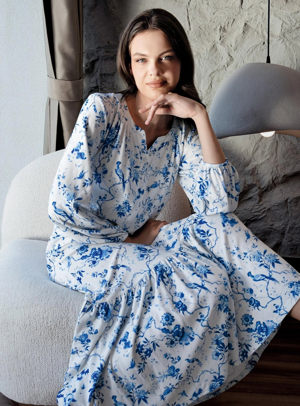 Patterned Thermal Maternity Feeding-Friendly Nightgown Blue - S18110