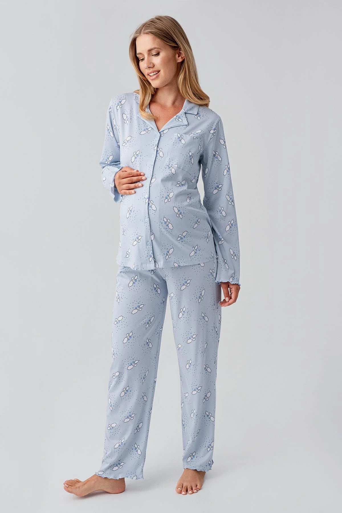 Patterned Pleated Cotton 4-Piece Maternity Feeding-Friendly Set Blue - S184020