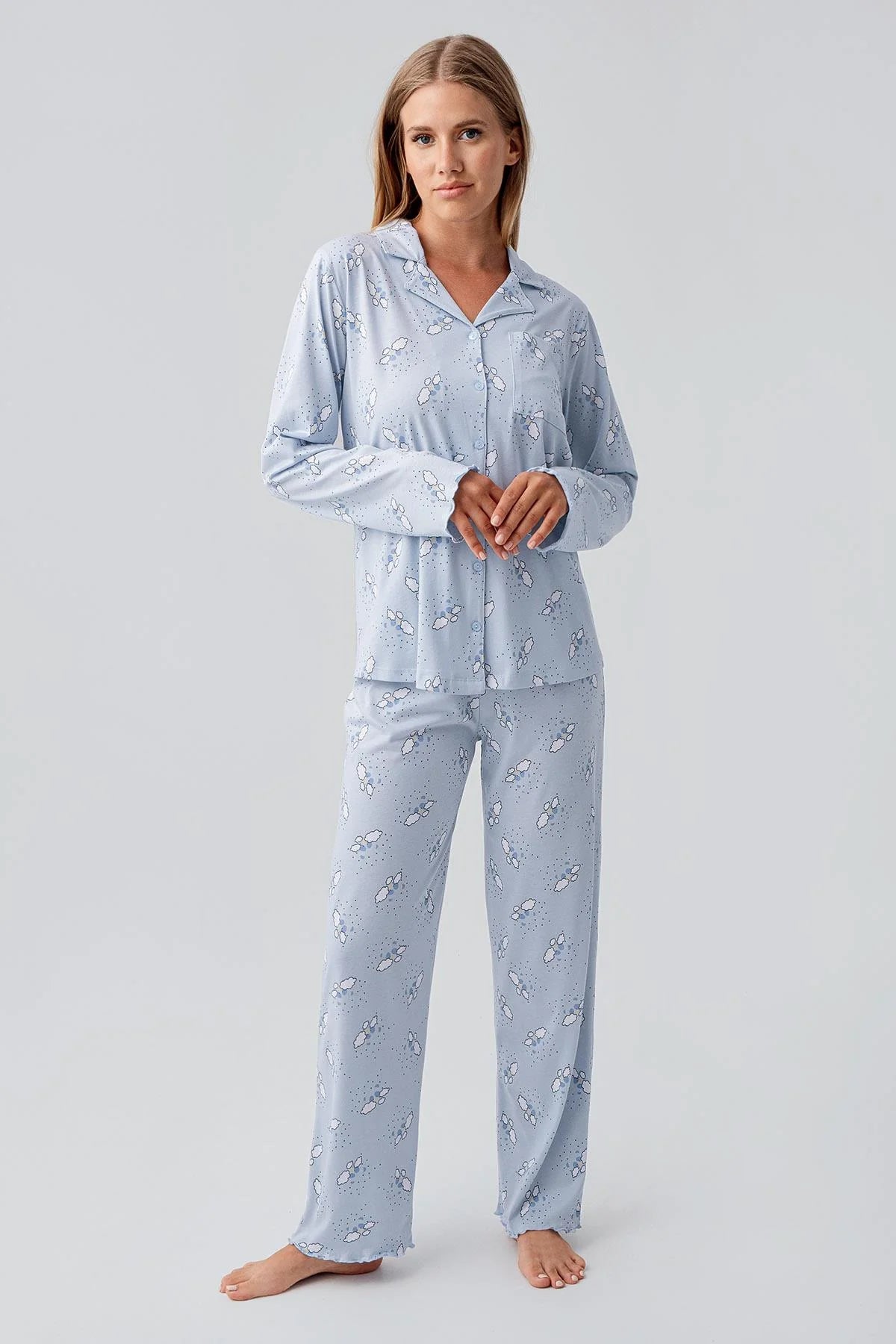 Patterned Cotton Maternity Feeding-Friendly Pajama Set Blue - S18200