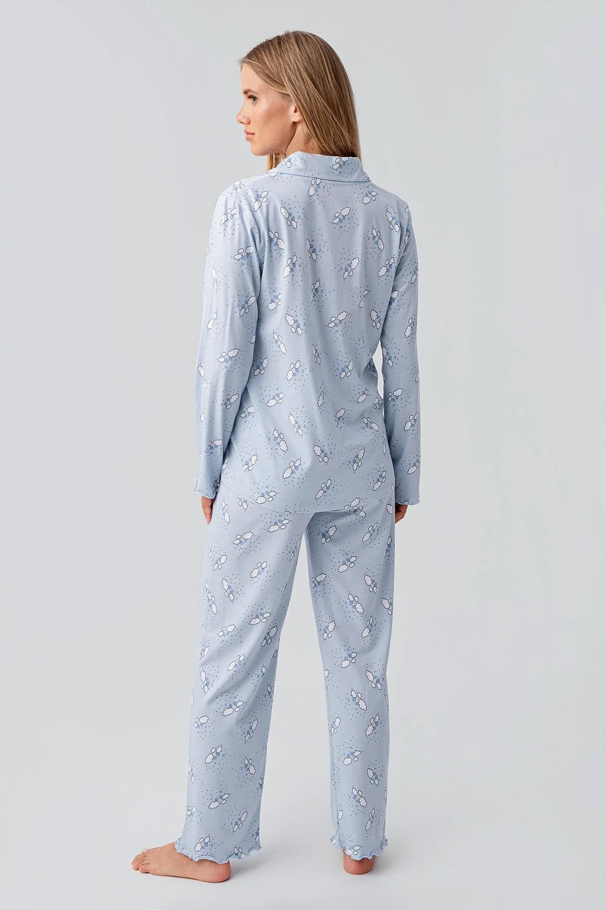Patterned Cotton Maternity Feeding-Friendly Pajama Set Blue - S18200