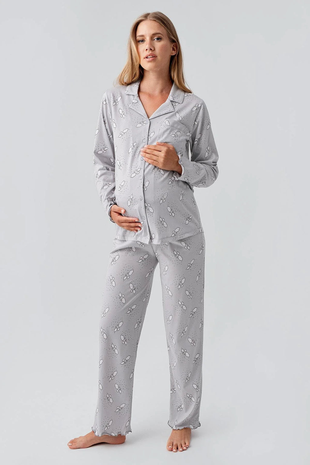 Patterned Cotton Maternity Feeding-Friendly Pajama Set Grey - S18200