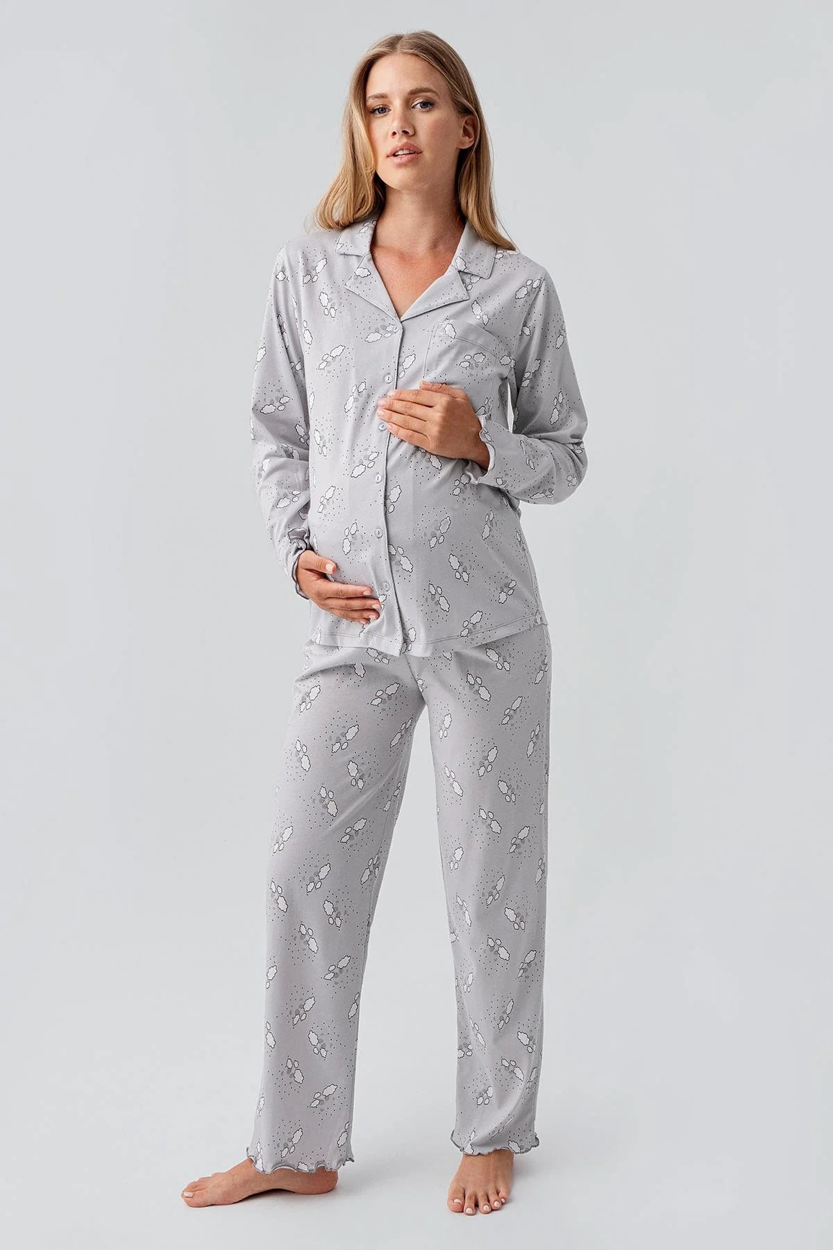 Patterned Pleated Cotton 4-Piece Maternity Feeding-Friendly Set Grey - S184020