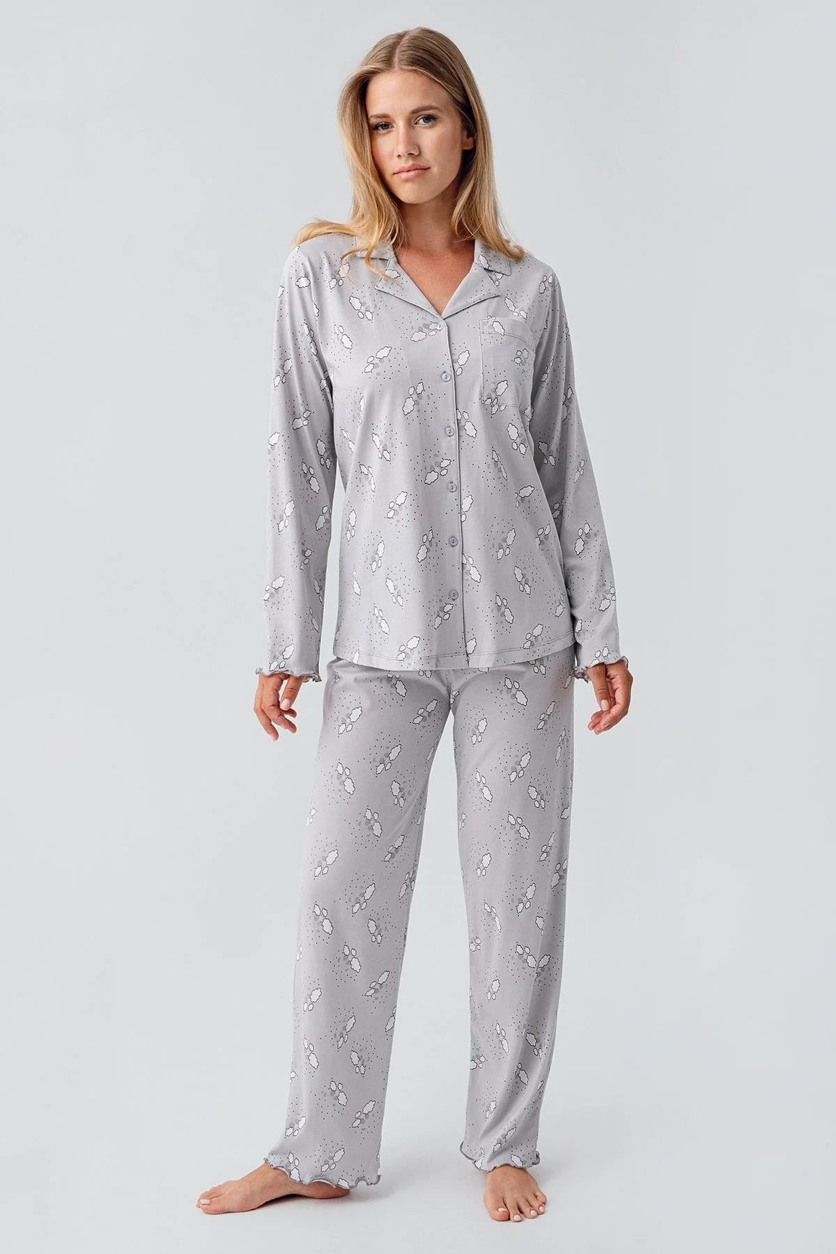 Patterned Cotton Maternity Feeding-Friendly Pajama Set Grey - S18200