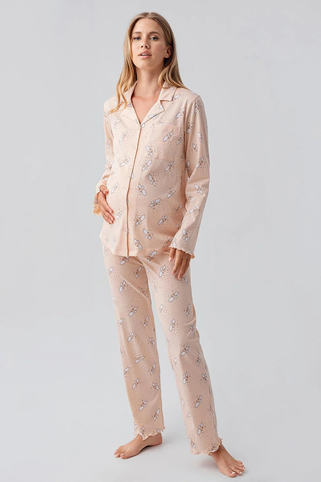 Patterned Cotton Maternity Feeding-Friendly Pajama Set Salmon - S18200