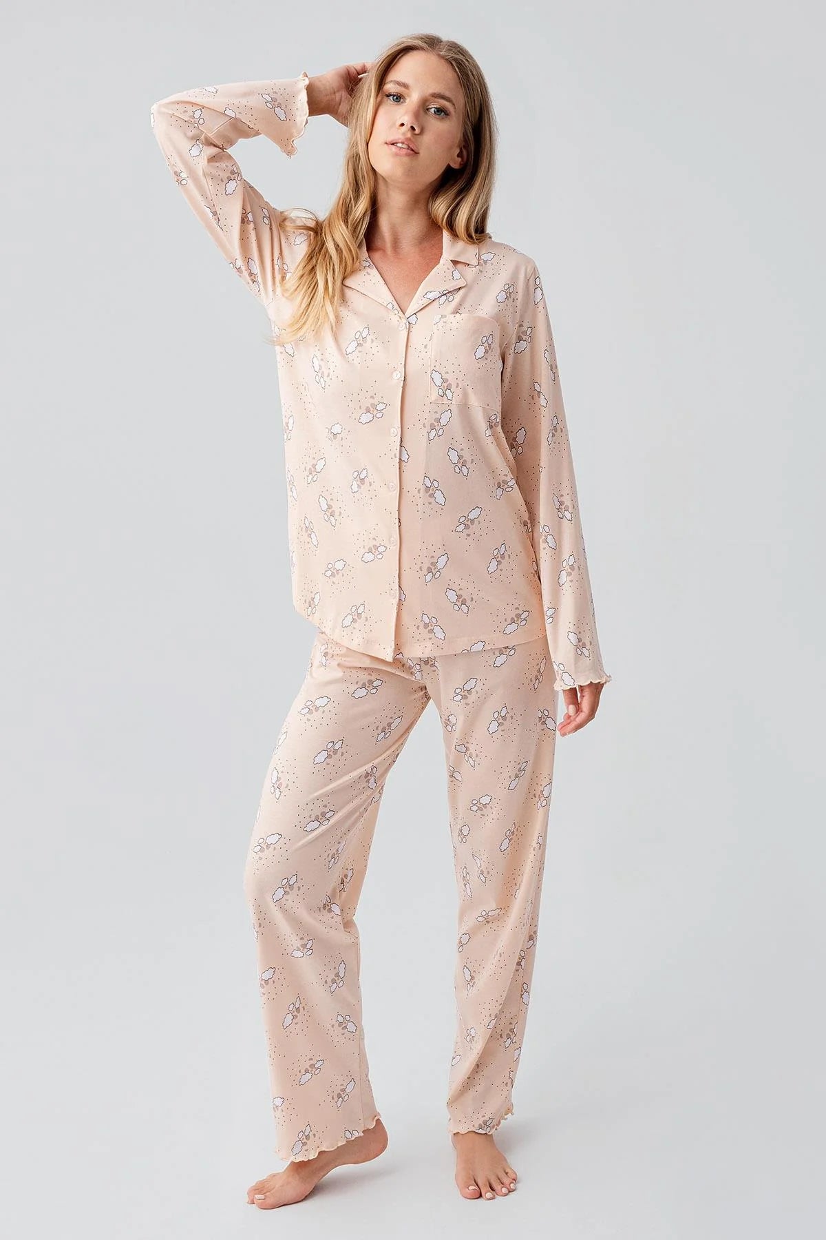 Patterned Cotton Maternity Feeding-Friendly Pajama Set Salmon - S18200