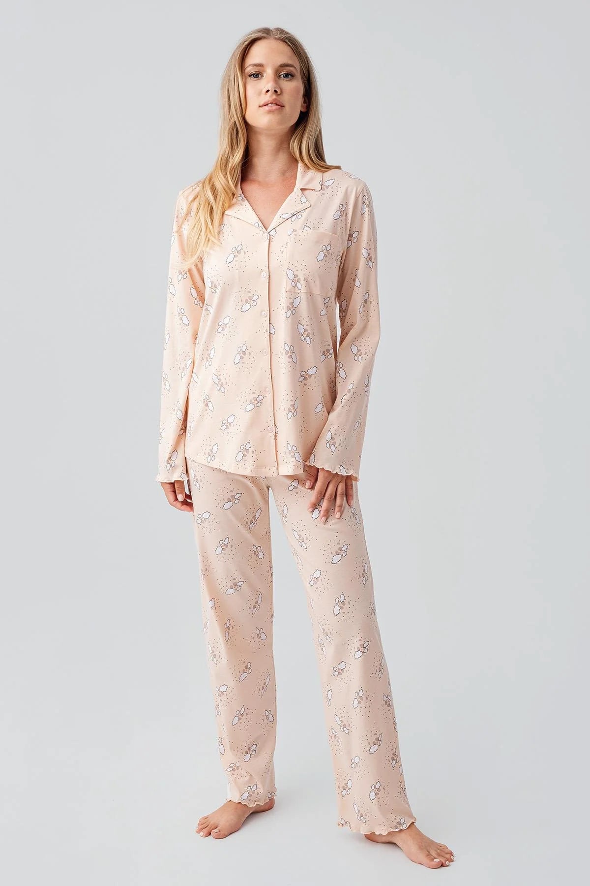 Patterned Cotton Maternity Feeding-Friendly Pajama Set Salmon - S18200