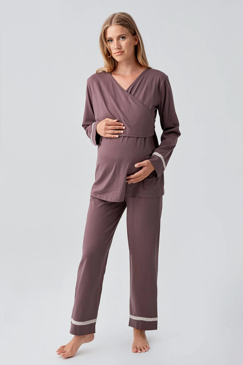 Side Tie Nursing Feature Cotton Maternity Feeding-Friendly Pajama Set Coffee - S18201