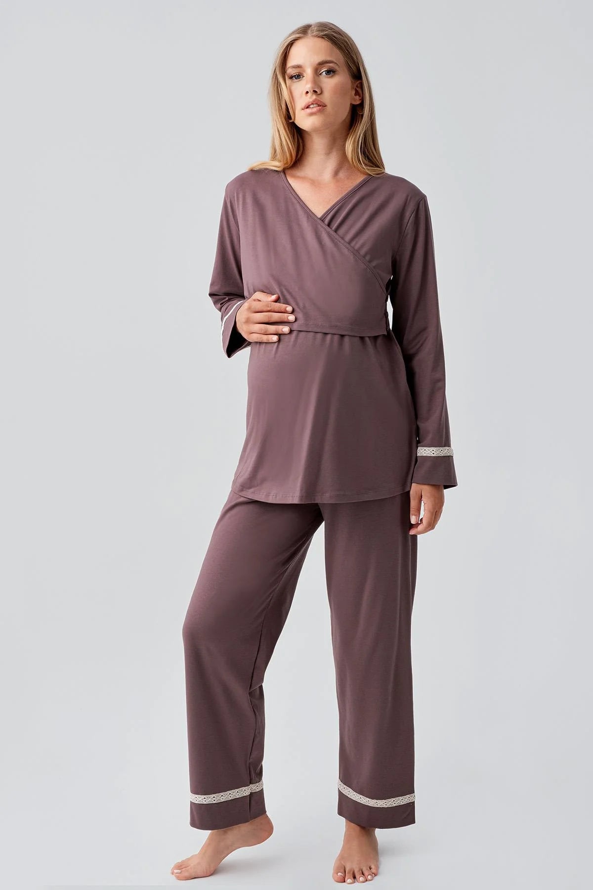 Side Tie Nursing Feature Cotton Maternity Feeding-Friendly Pajama Set Coffee - S18201