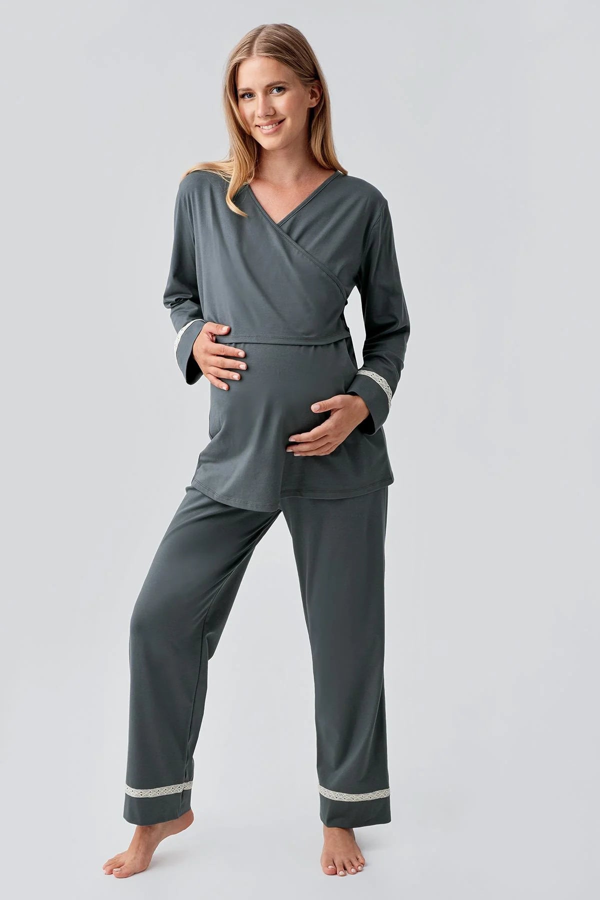 Side Tie Nursing Feature Cotton Maternity Feeding-Friendly Pajama Set Green - S18201