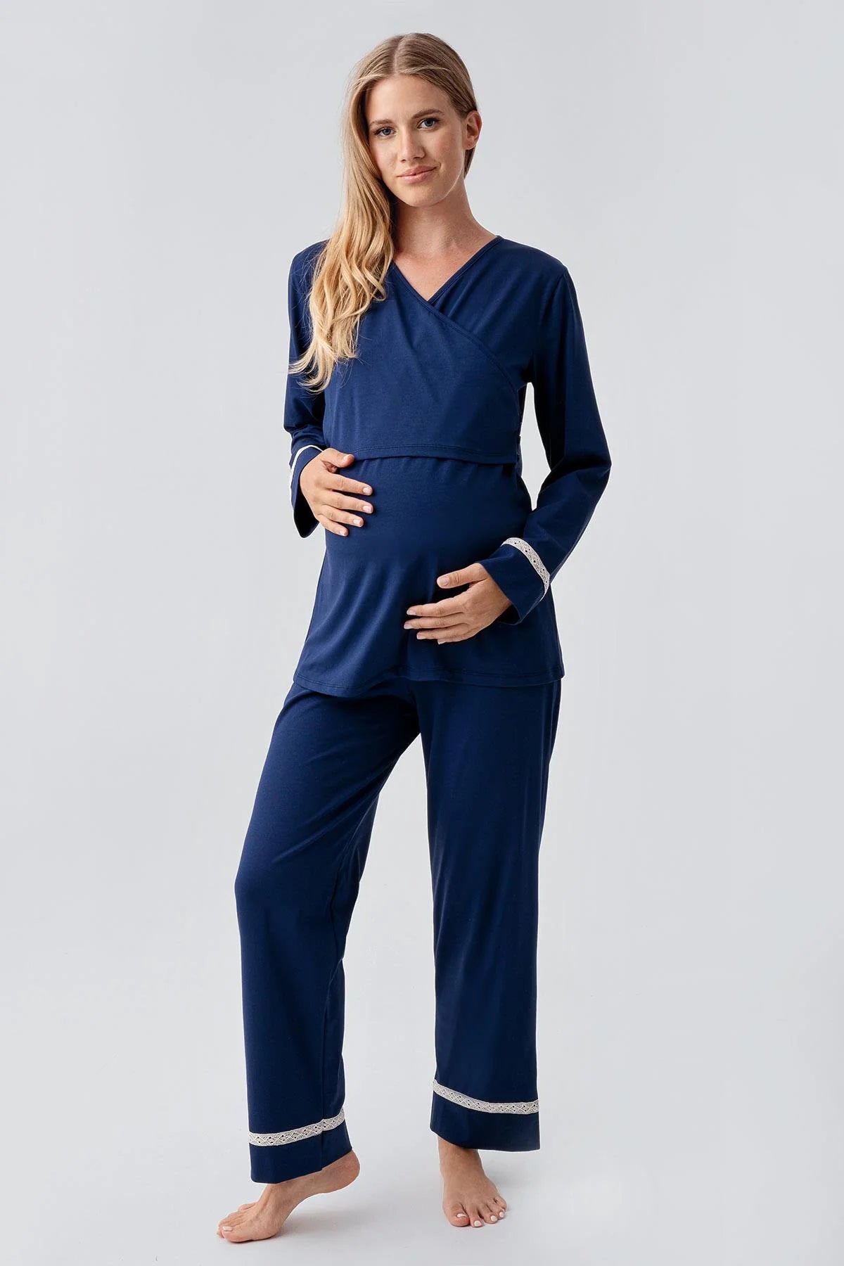 Side Tie Nursing Feature Cotton Maternity Feeding-Friendly Pajama Set Navy Blue - S18201