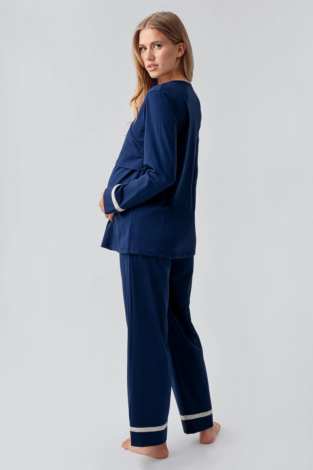 Side Tie Nursing Feature Cotton Maternity Feeding-Friendly Pajama Set Navy Blue - S18201