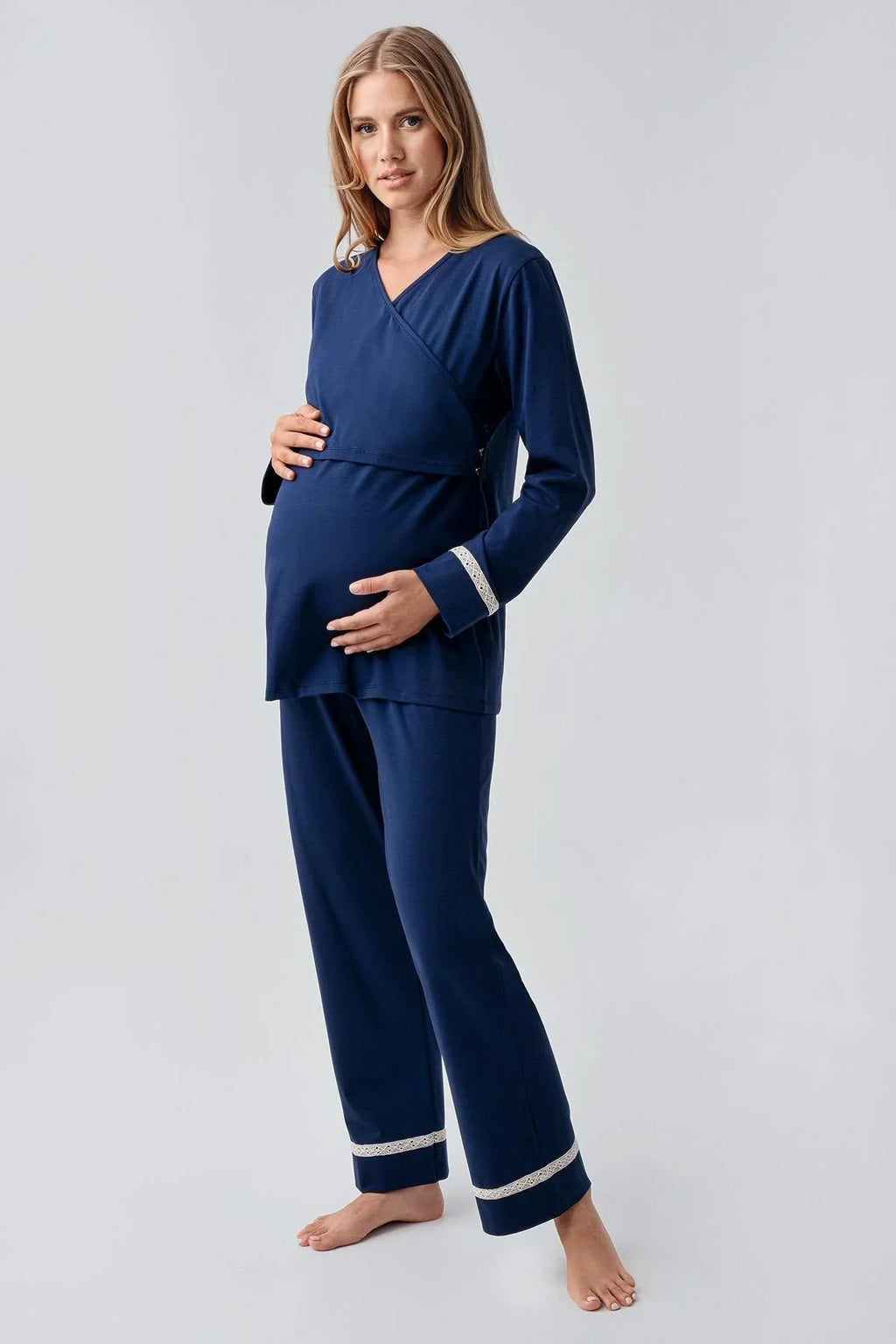 Side Tie Nursing Feature Cotton 3-Piece Maternity Feeding-Friendly Pajama & Patterned Robe Set Navy Blue - S18301
