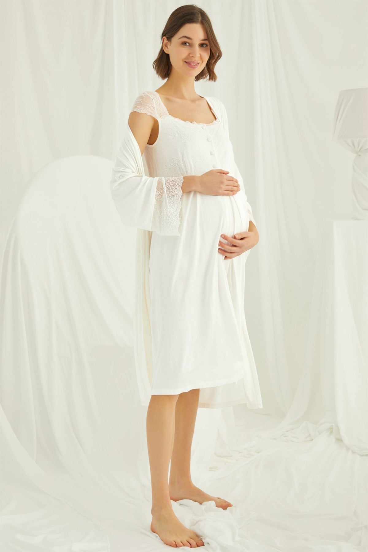 Lace Shoulder 4-Piece Maternity Feeding-Friendly Set Ecru - E202303