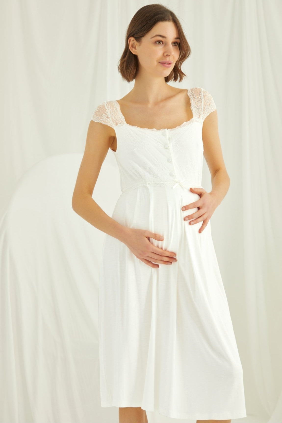 Lace Shoulder Maternity Feeding-Friendly Nightgown & Robe Set Ecru - E18202