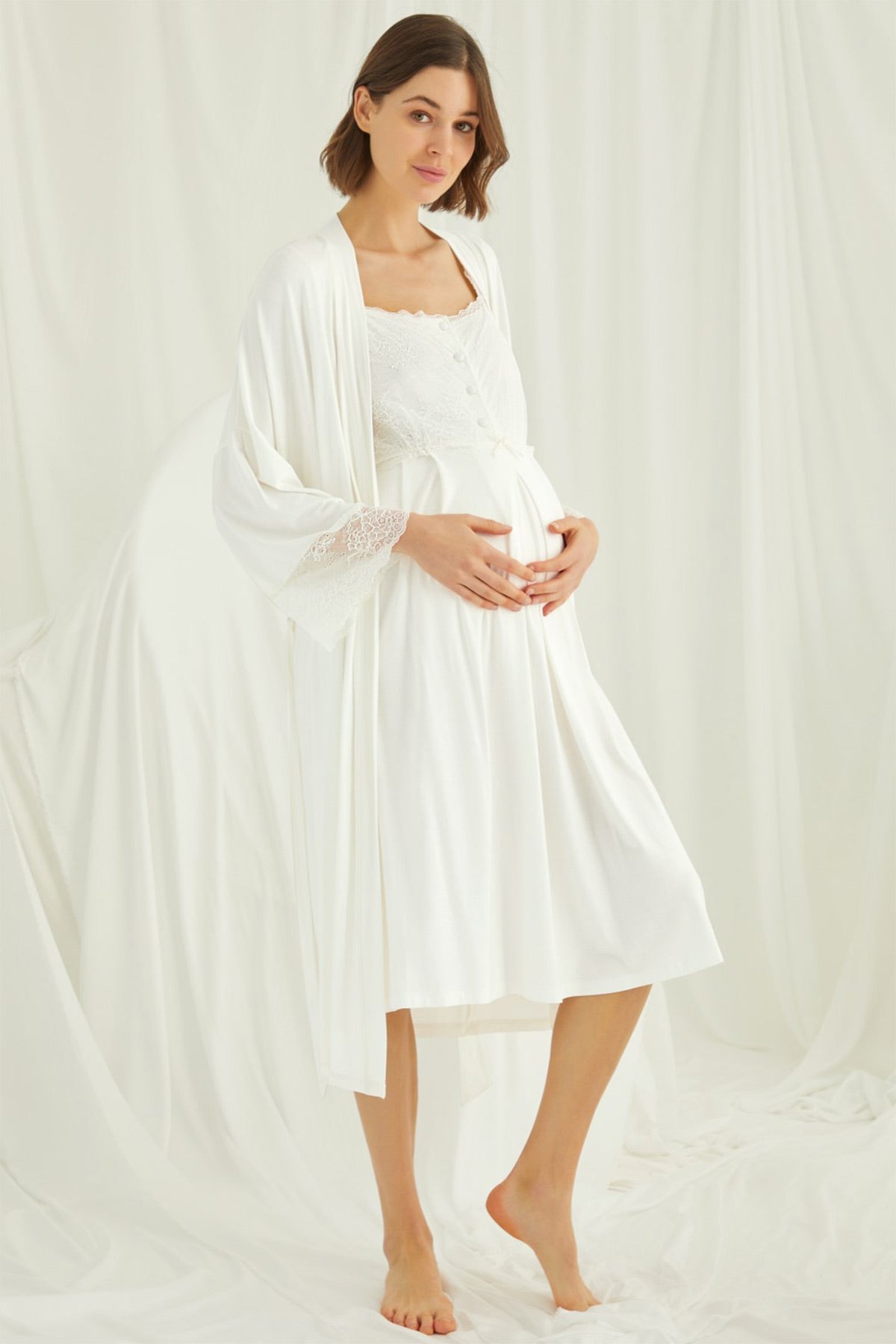 Lace Shoulder Maternity Feeding-Friendly Nightgown & Robe Set Ecru - E18202