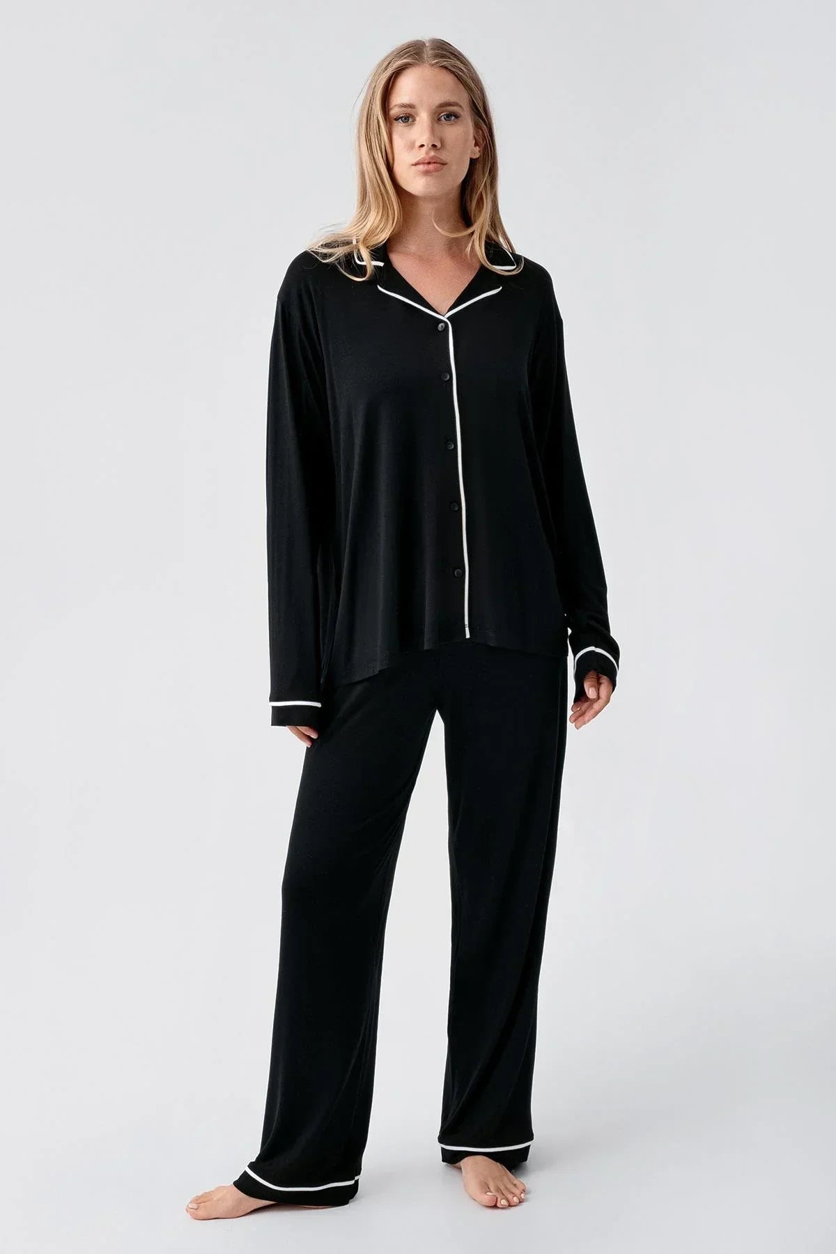 Bias Detailed Maternity Feeding-Friendly Pajama Set Black - S18207