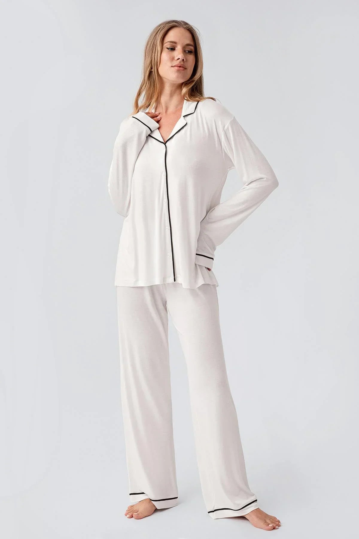 Bias Detailed Maternity Feeding-Friendly Pajama Set Ecru - S18207