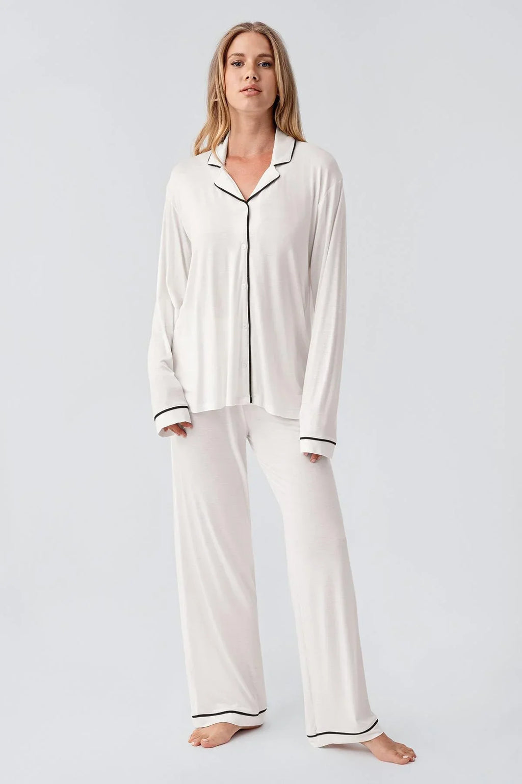 Bias Detailed Maternity Feeding-Friendly Pajama Set Ecru - S18207