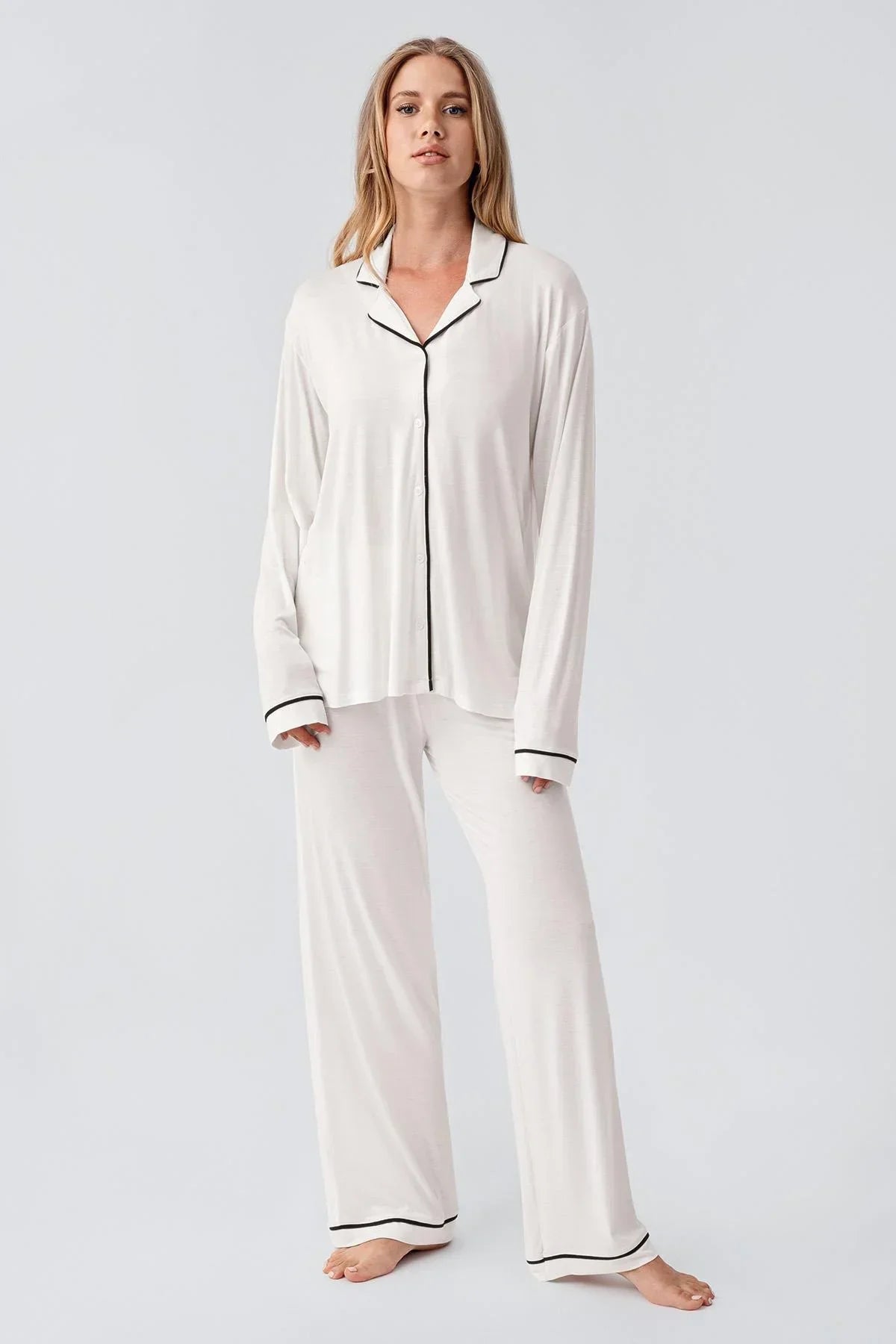 Bias Detailed Maternity Feeding-Friendly Pajama Set Ecru - S18207