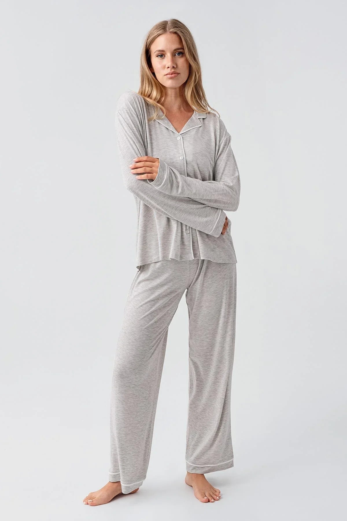 Bias Detailed Maternity Feeding-Friendly Pajama Set Grey - S18207