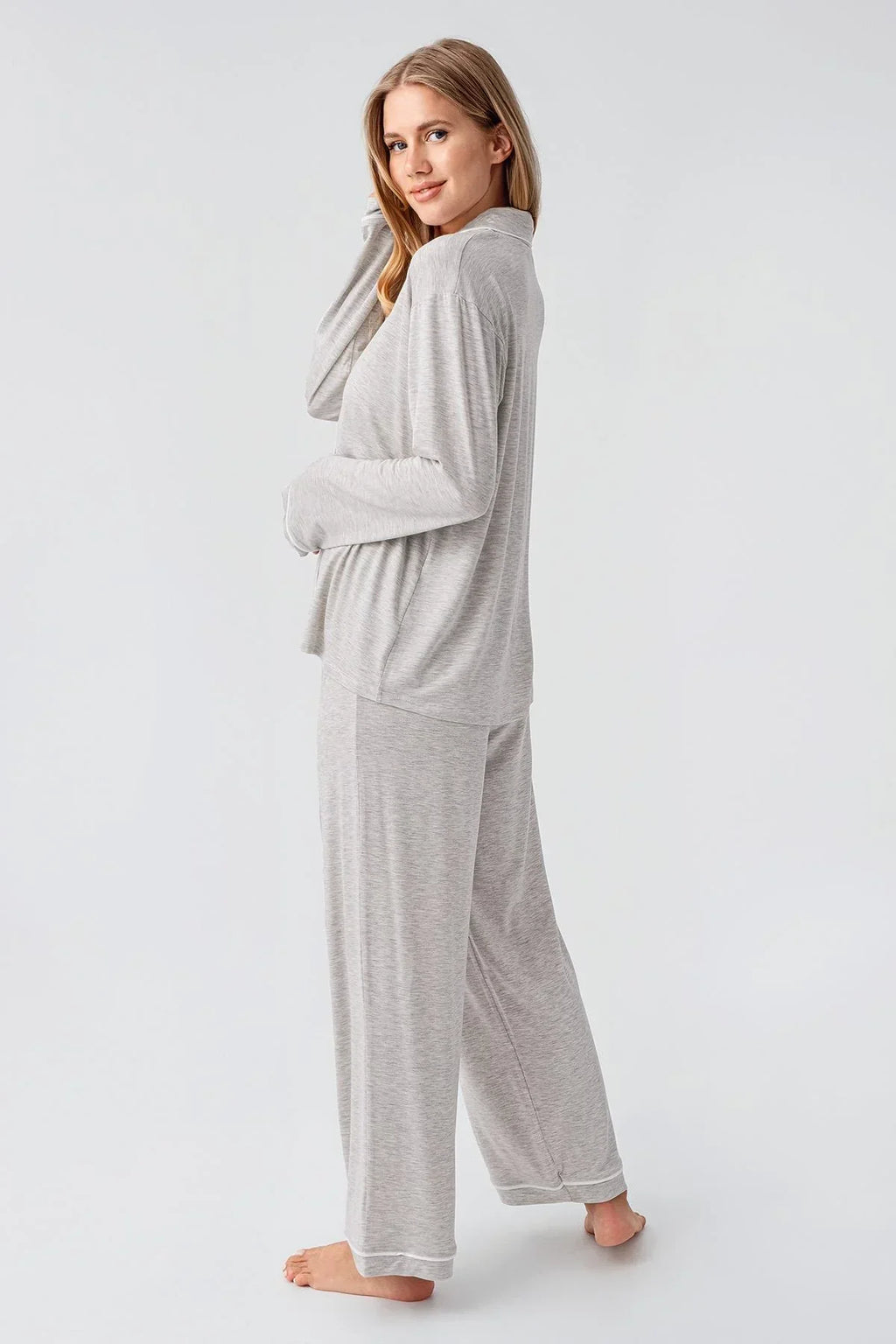 Bias Detailed Maternity Feeding-Friendly Pajama Set Grey - S18207
