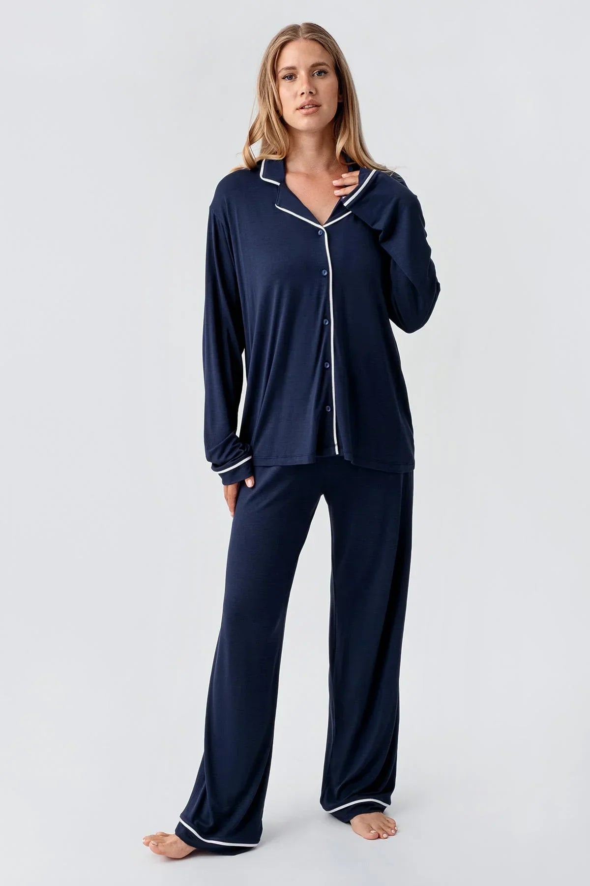 Bias Detailed Maternity Feeding-Friendly Pajama Set Navy Blue - S18207