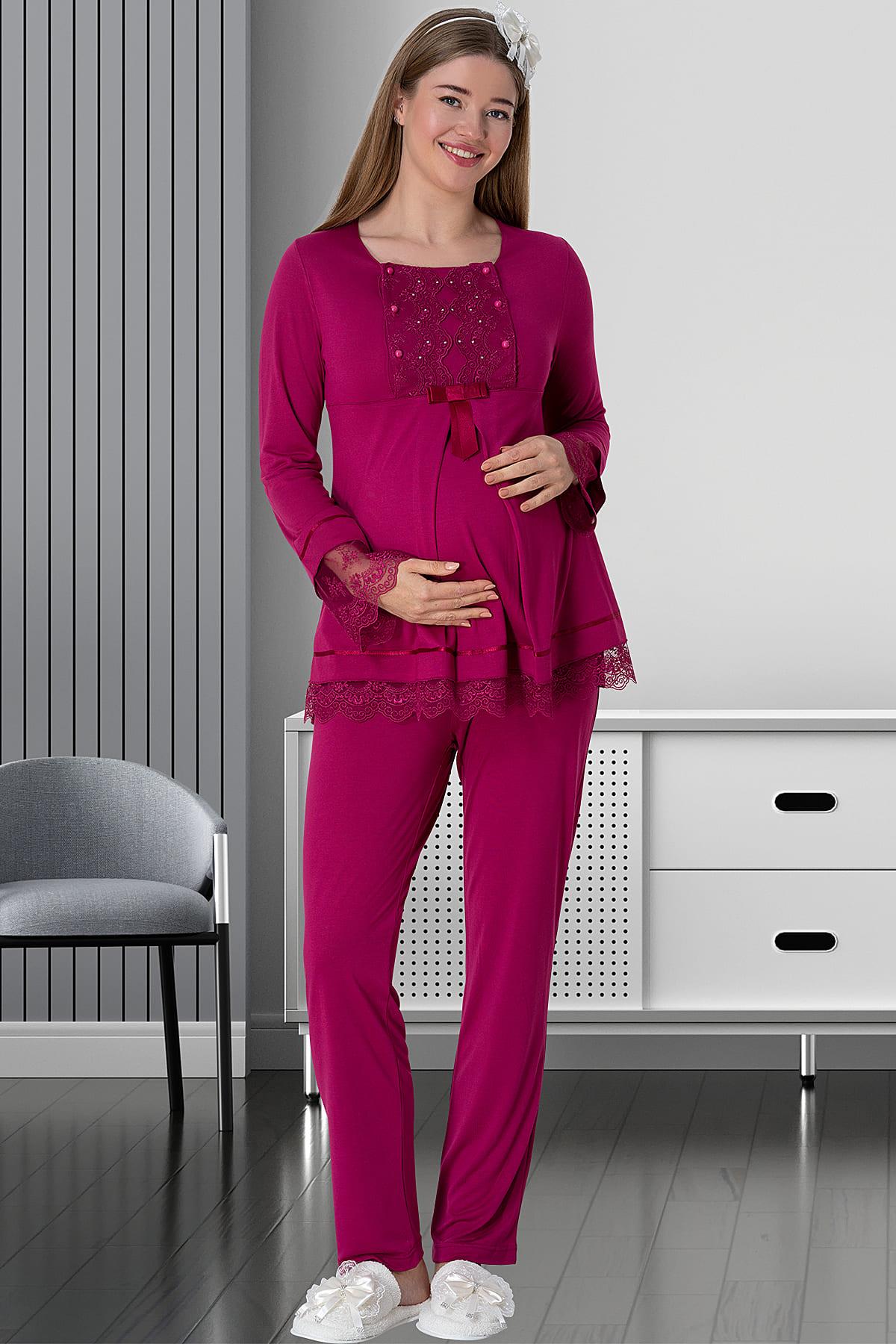 Lace Sleeve Maternity Feeding-Friendly Pajama Set Fuchsia - C1820