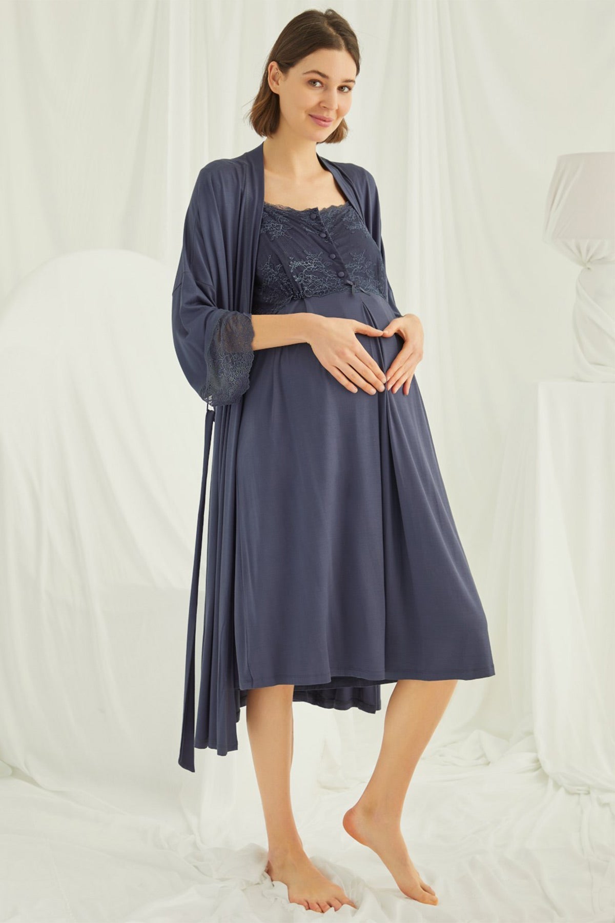 Lace Shoulder Maternity Feeding-Friendly Nightgown & Robe Set Navy Blue - E18210
