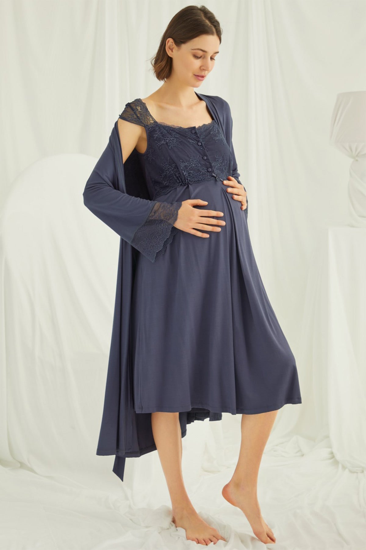 Lace Shoulder 4-Piece Maternity Feeding-Friendly Set Navy Blue - E210305