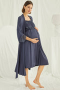Lace Shoulder Maternity Feeding-Friendly Nightgown & Robe Set Navy Blue - E18210