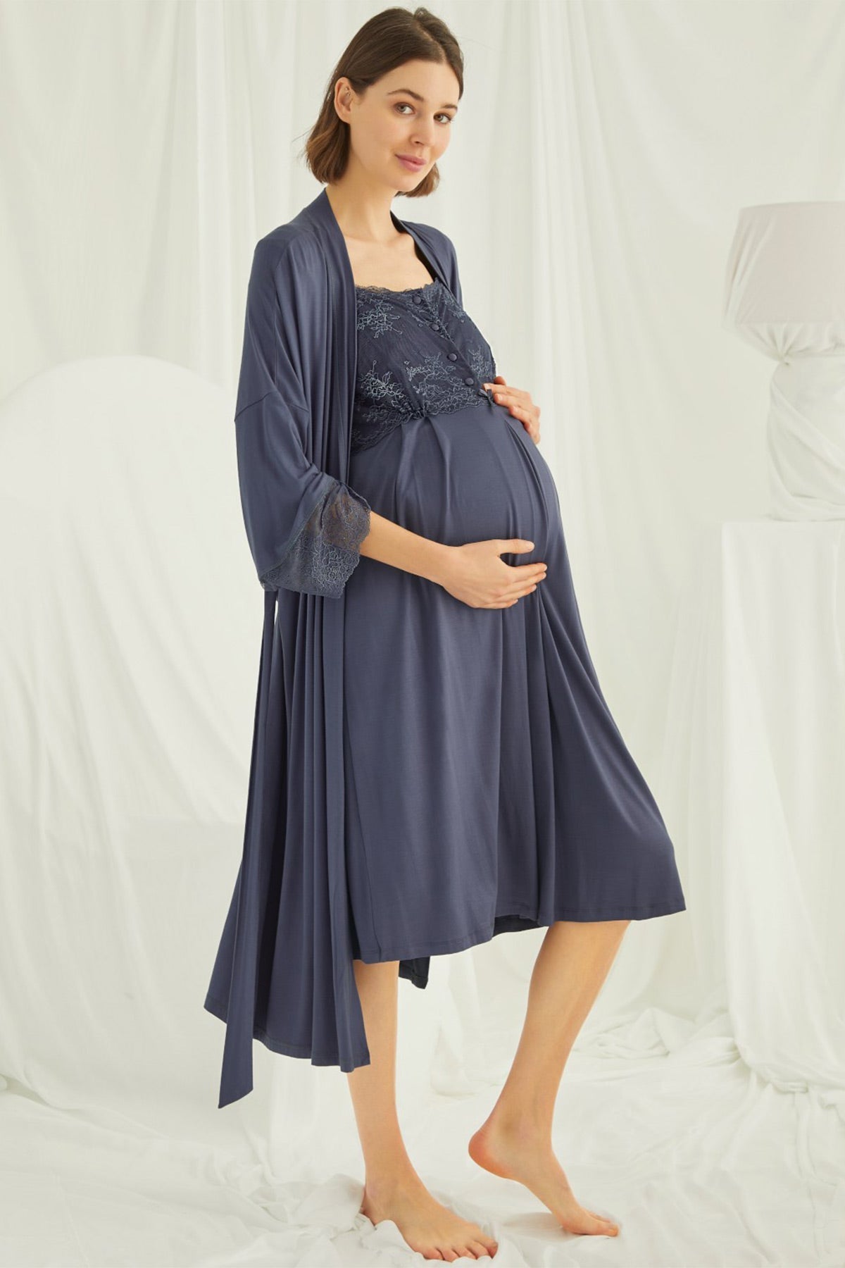 Lace Shoulder 4-Piece Maternity Feeding-Friendly Set Navy Blue - E210305