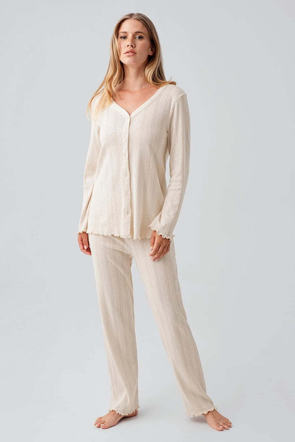 Pleated Cellular Cotton Maternity Feeding-Friendly Pajama Set Beige - S18214